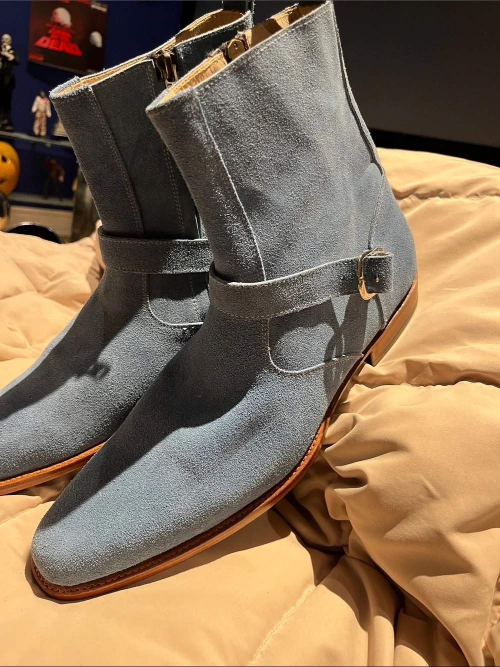 Men's Light Blue Suede Chelsea Harness Boots size 11, New without Box